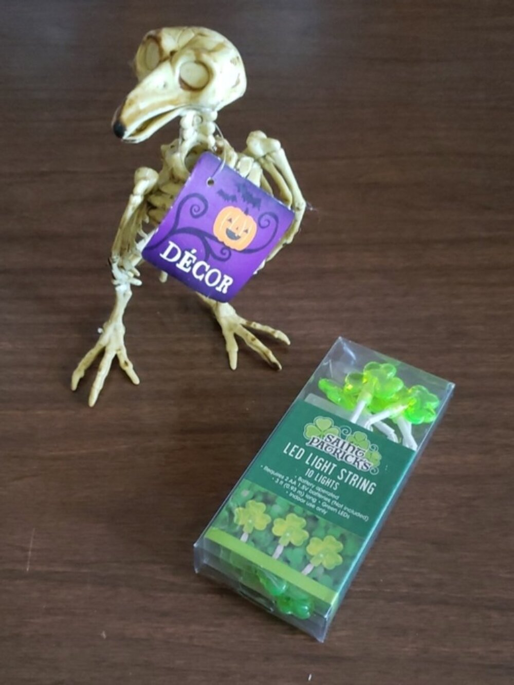 2 pcs Holiday Skeleton Bird Figure & Shamrock String Lights Halloween St Patrick